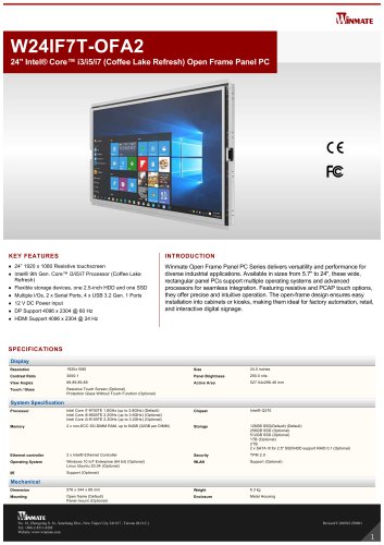24" Intel&reg; Core&trade; i3/i5/i7 (Coffee Lake Refresh) Open Frame Panel PC W24IF7T-OFA2