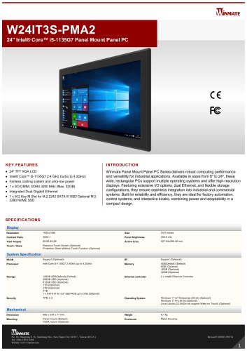 24" Intel&reg; Core&trade; i5-1135G7 Panel Mount Panel PC W24IT3S-PMA2