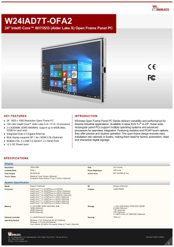24" Intel&reg; Core&trade; i9/i7/i5/i3 (Alder Lake S) Open Frame Panel PC W24IAD7T-OFA2