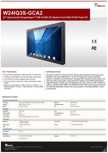 24" Qualcomm&reg; Snapdragon&trade; 660 G-WIN GC-Series Front IP65 PCAP Panel PC W24IQ3S-GCA2