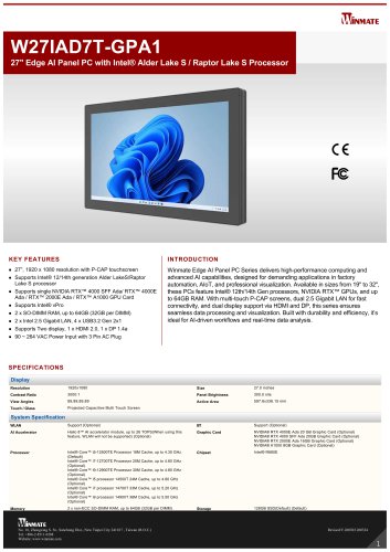 27" Edge AI Panel PC with Intel&reg; Alder Lake S / Raptor Lake S Processor W27IAD7T-GPA1