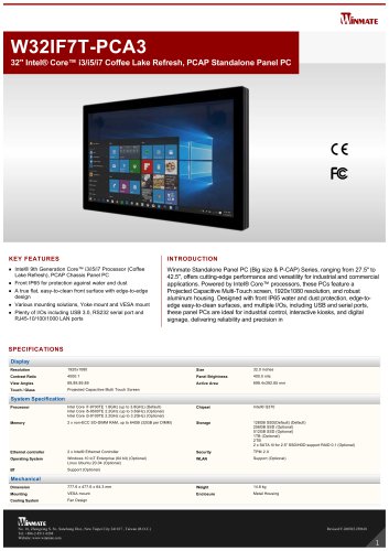 32" Intel&reg; Core&trade; i3/i5/i7 Coffee Lake Refresh, PCAP Standalone Panel PC W32IF7T-PCA3
