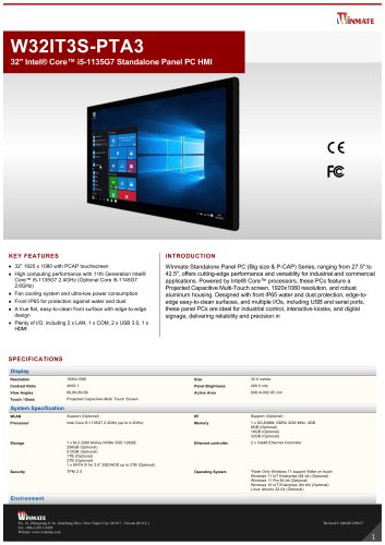 32" Intel&reg; Core&trade; i5-1135G7 Standalone Panel PC HMI W32IT3S-PTA3