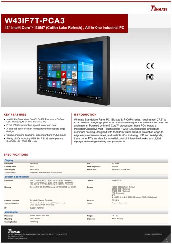 43" Intel&reg; Core&trade; i3/i5/i7 (Coffee Lake Refresh) , All-in-One Industrial PC W43IF7T-PCA3