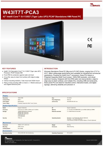 43" Intel&reg; Core&trade; i5-1135G7 (Tiger Lake UP3) PCAP Standalone HMI Panel PC W43IT7T-PCA3
