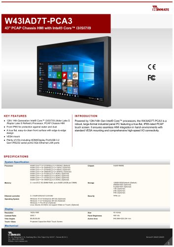 43" PCAP Chassis HMI with Intel&reg; Core&trade; i3/i5/i7/i9 W43IAD7T-PCA3