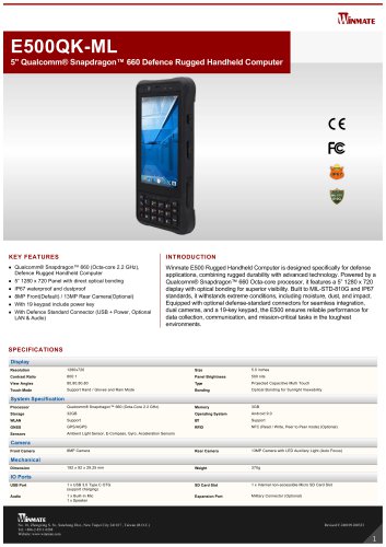 5" Qualcomm&reg; Snapdragon&trade; 660 Defence Rugged Handheld Computer E500QK-ML