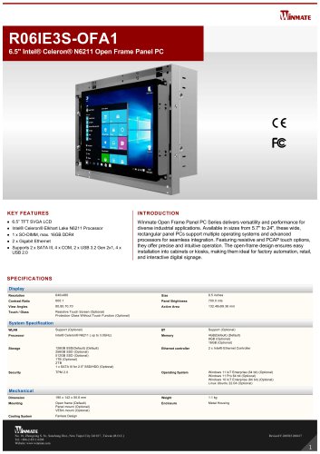 6.5" Intel&reg; Celeron&reg; N6211 Open Frame Panel PC R06IE3S-OFA1