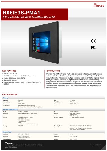 6.5" Intel&reg; Celeron&reg; N6211 Panel Mount Panel PC R06IE3S-PMA1