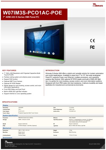 7" ARM A53 S Series HMI Panel PC W07IM3S-PCO1AC-POE
