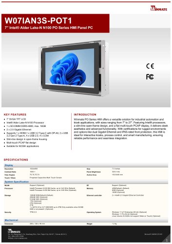 7&rdquo; Intel&reg; Alder Lake-N N150 PO Series HMI Panel PC W07IAN3S-POT1
