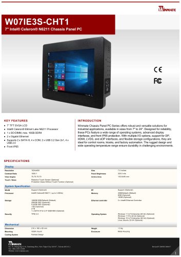7" Intel&reg; Celeron&reg; N6211 Chassis Panel PC W07IE3S-CHT1