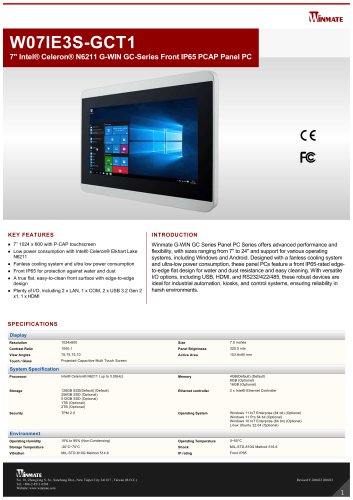 7" Intel&reg; Celeron&reg; N6211 G-WIN GC-Series Front IP65 PCAP Panel PC W07IE3S-GCT1