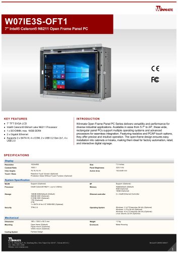 7" Intel&reg; Celeron&reg; N6211 Open Frame Panel PC W07IE3S-OFT1