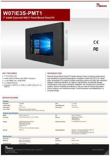 7" Intel&reg; Celeron&reg; N6211 Panel Mount Panel PC W07IE3S-PMT1