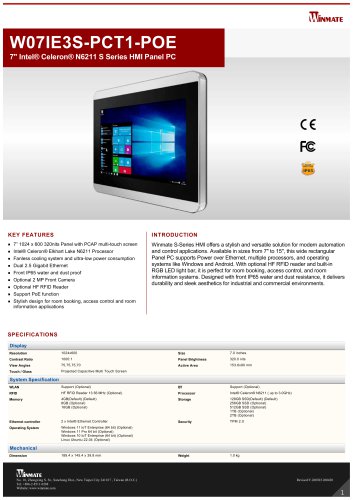 7" Intel&reg; Celeron&reg; N6211 S Series HMI Panel PC W07IE3S-PCT1-POE