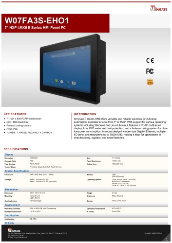 7" NXP i.MX6 E Series HMI Panel PC W07FA3S-EHO1