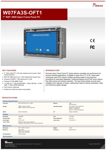 7" NXP i.MX6 Open Frame Panel PC W07FA3S-OFT1