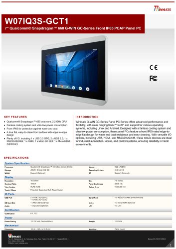 7" Qualcomm&reg; Snapdragon&trade; 660 G-WIN GC-Series Front IP65 PCAP Panel PC W07IQ3S-GCT1