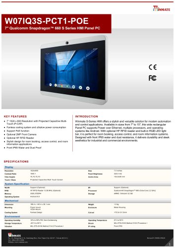 7" Qualcomm Snapdragon&trade; 660 S Series HMI Panel PC W07IQ3S-PCT1-POE