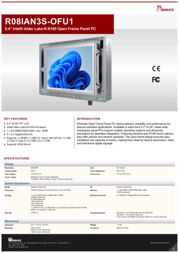 8.4" Intel&reg; Alder Lake-N N150 Open Frame Panel PC R08IAN3S-OFU1