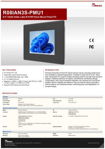 8.4" Intel&reg; Alder Lake-N N150 Panel Mount Panel PC R08IAN3S-PMU1