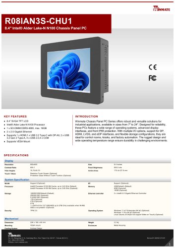 8.4" Intel&reg; Twin Lake N150 Chassis Panel PC R08IAN3S-CHU1