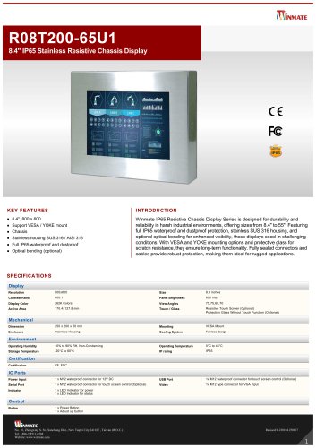 8.4" IP65 Stainless Resistive Chassis Display R08T200-65U1