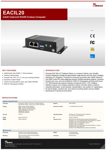Intel&reg; Celeron&reg; N3350 Fanless Computer EACIL20