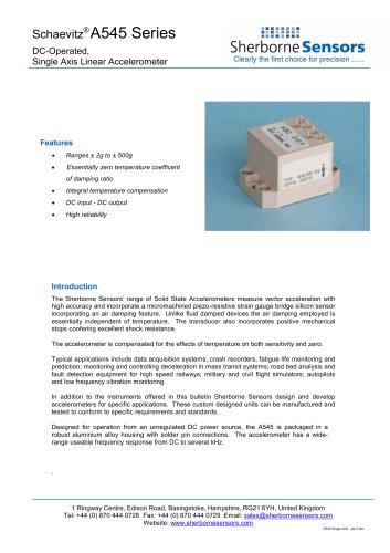 Sherborne Sensors A545 Series Single Axis Solid State Linear Accelerometers