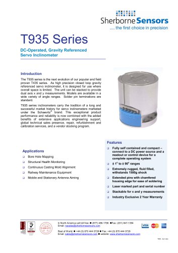 T935 Series DC-Operated, Gravity Referenced Servo Inclinometer