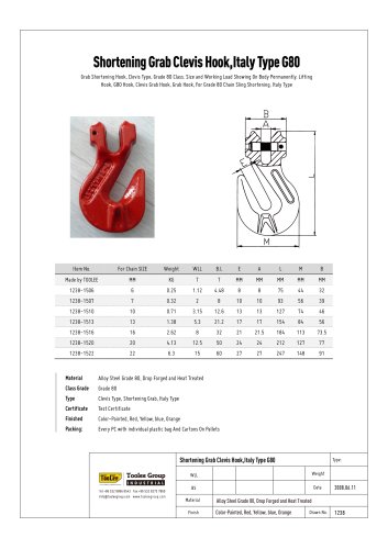 G80 Chain Shortening Grab Hook European Clevis Type