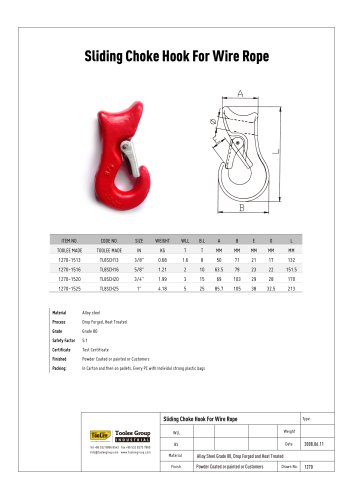 Sliding Choke Hook For Wire Rope