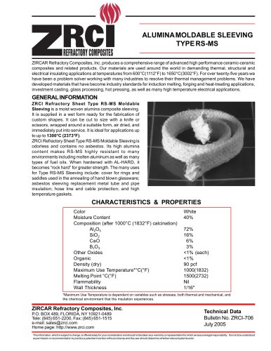 REFRACTORY SHEET TYPE RS-MS MOLDABLE SLEEVING