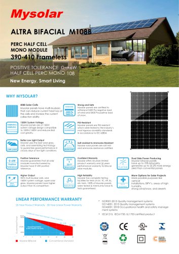 ALTRA BIFACIAL M108B PERC HALF CELL MONO MODULE 390-410 Frameless