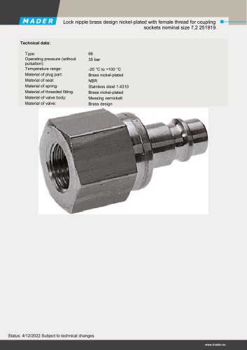 Lock nipple brass design nickel-plated with female thread for coupling sockets nominal size 7,2 251919