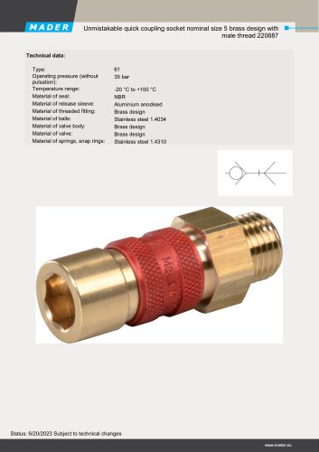 Unmistakable quick coupling socket nominal size 5 brass design with male thread 220687