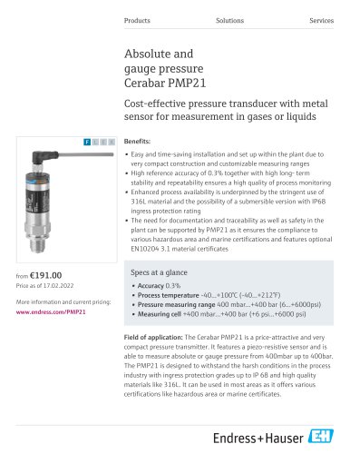 Absolute and gauge pressure Cerabar PMP21