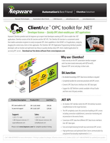 ClientAce ™ OPC toolkit for .NET