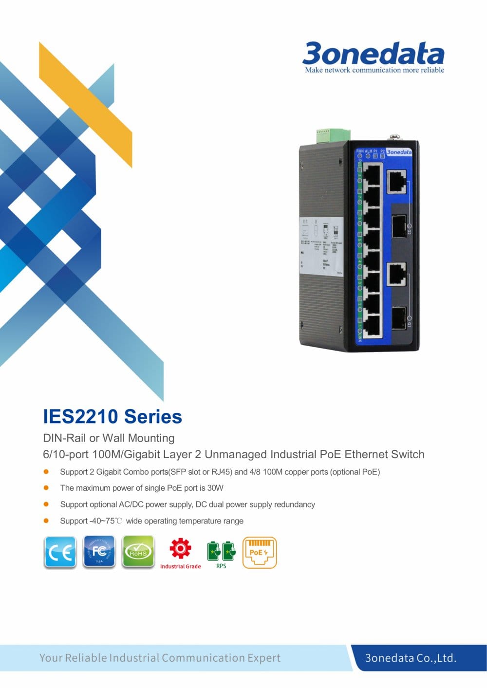 3onedata |IES2210 Series Datasheet | 6/10-port 100M/Gigabit Unmanaged Industrial PoE Switch - 3onedata Co.,Ltd.