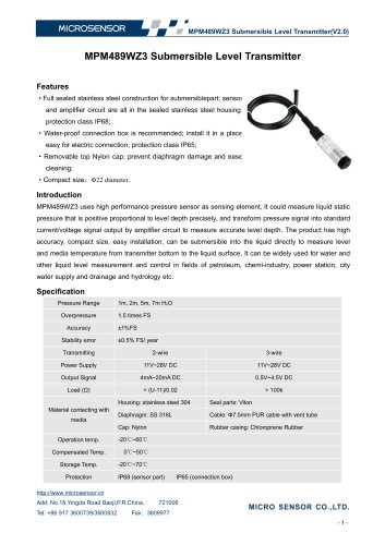 22mm Diameter Submersible Level Transmitter MPM489WZ3