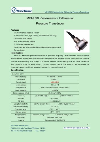 MDM390 Pieozresistive Differential Pressure Transducer