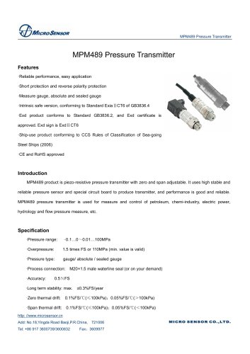Micro Sensor Water Tank Use Pressure Sensor MPM489
