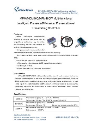 MPM/MDM460/MPM460W Multi-functional Intelligent PressureDifferential PressureLev