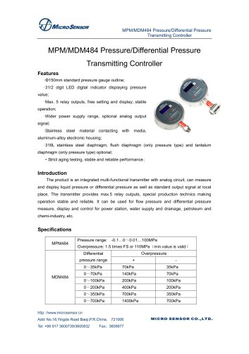 MPM/MDM484 Pressure/Differential Pressure Transmitting Controller