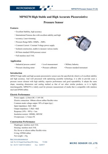 MPM270 High Stable and High Accurate Piezoresistive Pressure Sensor
