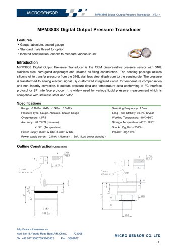 MPM3808 I2C Digital Output Pressure Transducer