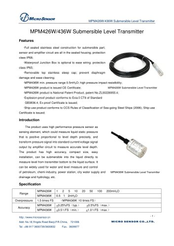 MPM436W Submersible Low Range Level Transmitter