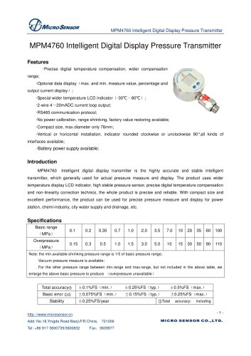 MPM4760 Intelligent Pressure Transmitter