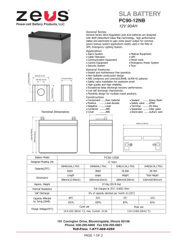 PC90-12NB, 12 Volt 90 Ah Sealed Lead Acid Battery